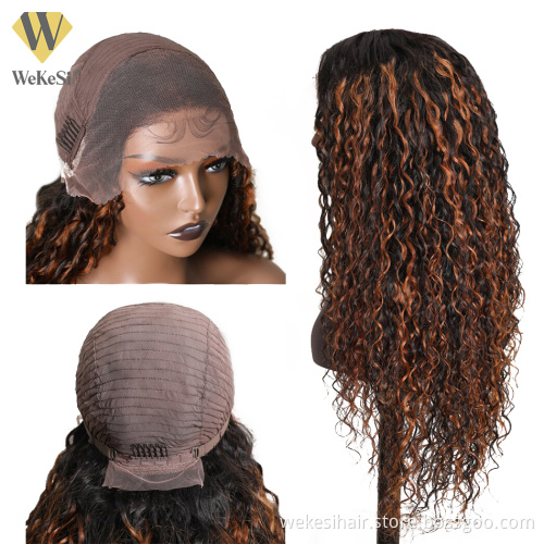 Natrual Black Blonde Highlights Wig Mix Color Deep Wave Curly Pre Plucked HD Transparent Lace Front Raw Virgin Human Hair Wigs